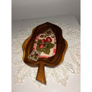 Lailani Monkey Pod Wood Leaf Tray Hawaii Strawberry Motif Vintage Catchall Dish